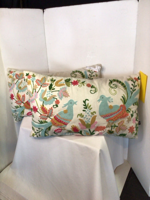 Pair Cream/Multi Cotton Embroidered Birds Pillow Set