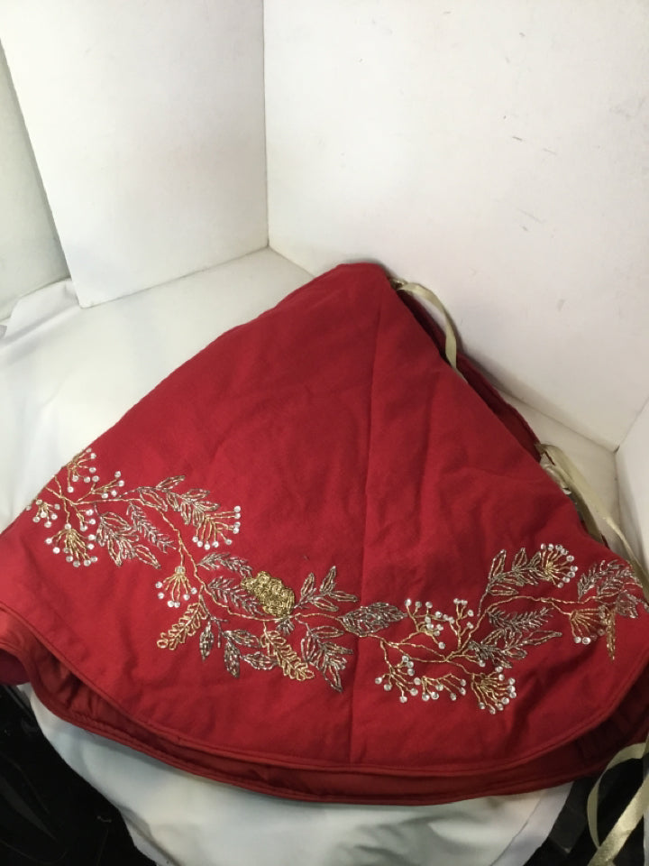Tree Skirt Red Polyester Beaded Holiday Item