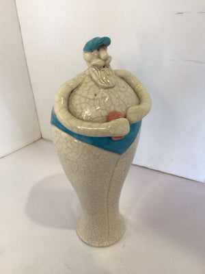Summertime Whimsical Gray/blue Pottery Man Statue