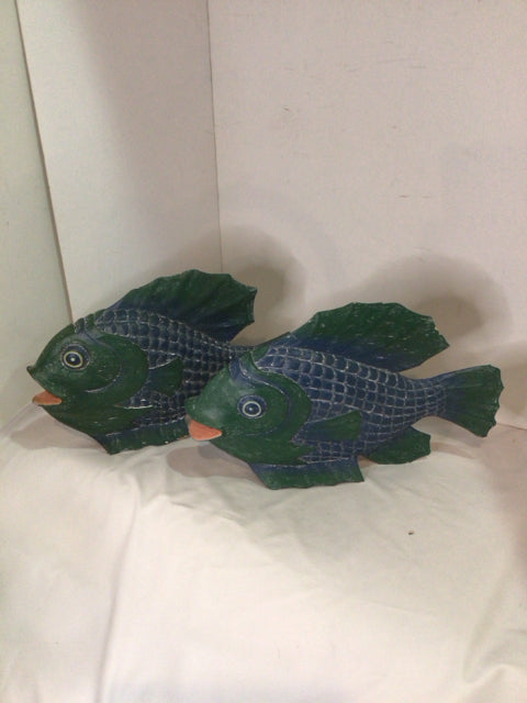Pair Green/Blue Wood Fish As Is Statue