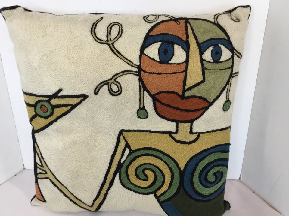 Multi-Color Cotton Embroidered Abstract Face Pillow