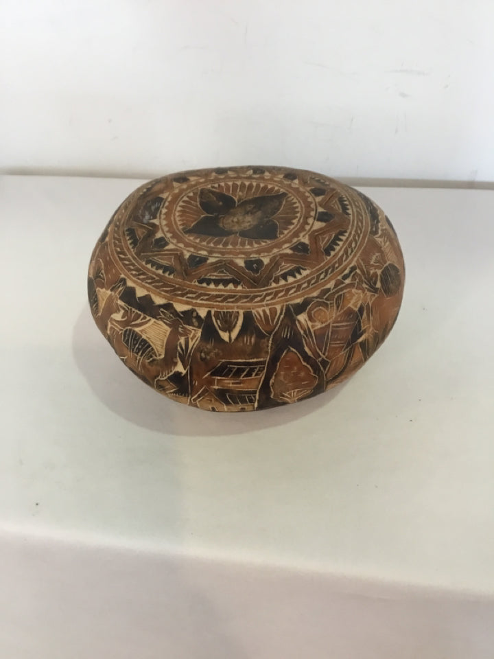 Folk Art Brown Gourd Carved Bowl