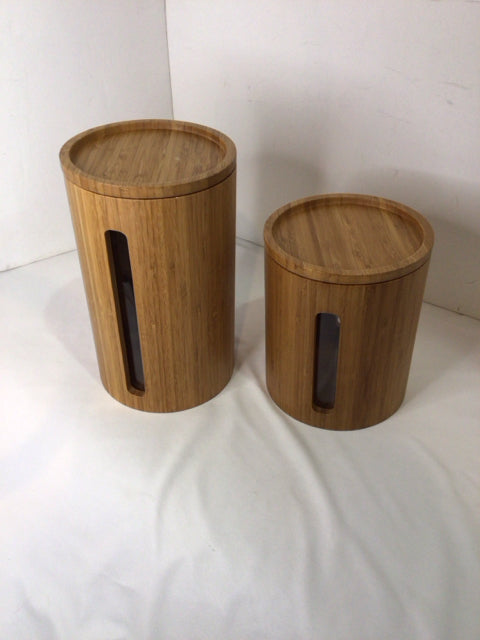 Crate & Barrel Pair Brown Bamboo Round Canister Set