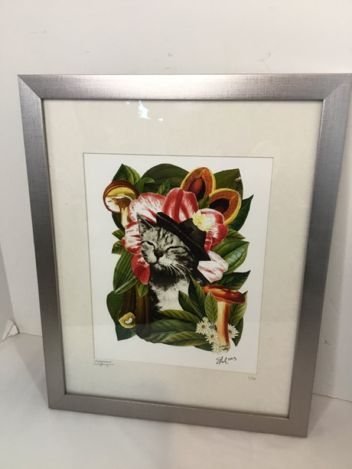 Signed Print Green/multi Cat Botanicals Framed Art