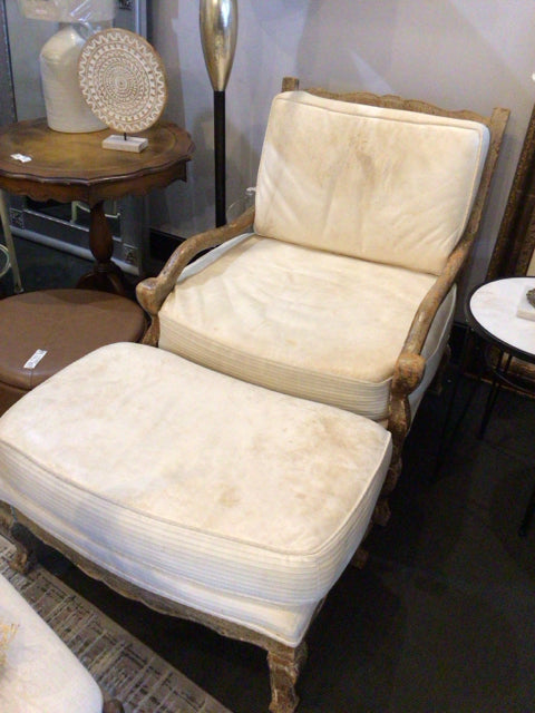 Thomasville Wood/Leather Brown/Cream Chair & Ottoman