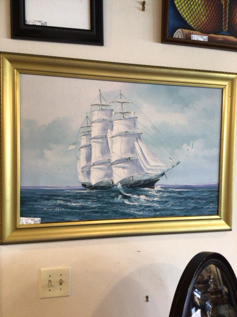 Signed Blue/White Oil painting Ship Framed Art