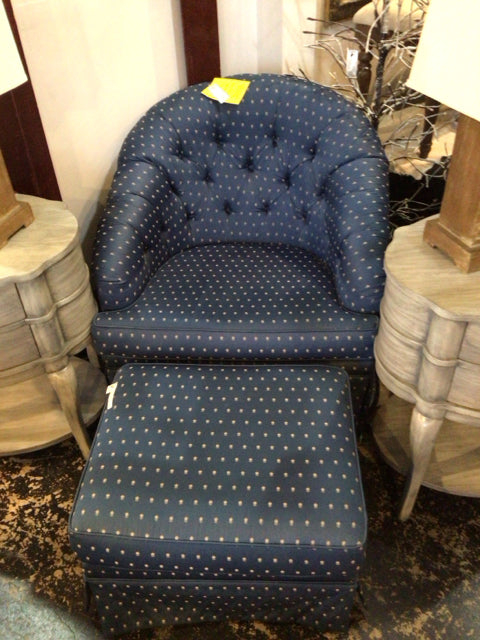 Polyester Flowers Tufted Blue Chair & Ottoman