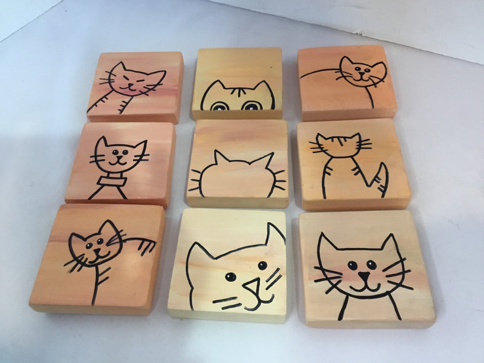 Set of 9 Tan/Black Wood Cat Blocks