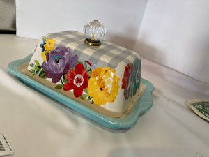 Pioneer Woman Floral Ceramic Checkered Butter Dish