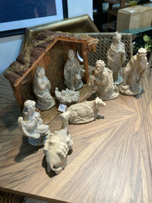 Vintage 10 pieces Brown/White Wood/Stone Nativity As Is Holiday Item