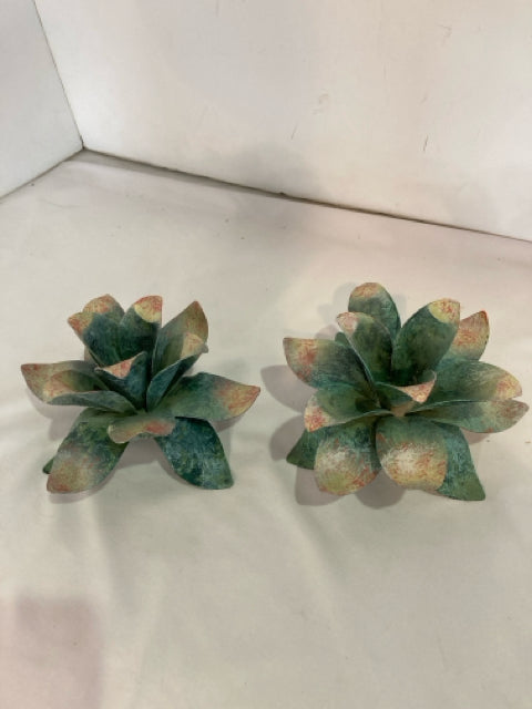 Pair Green Metal Floral Candle Sticks