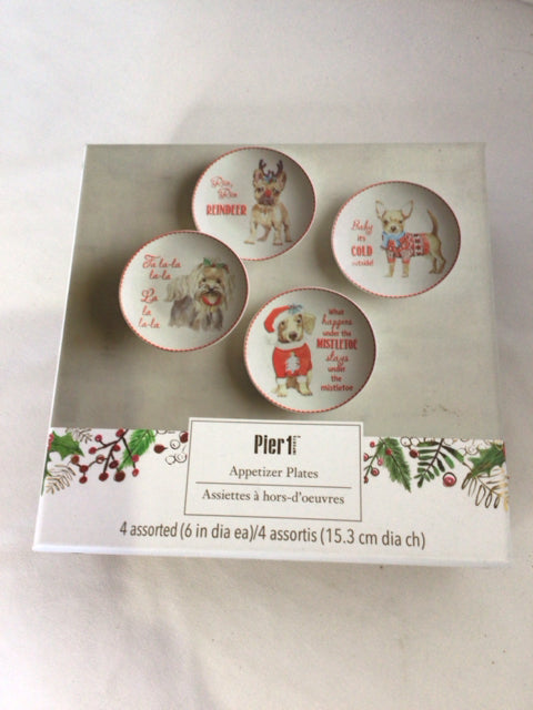 PIER 1 Christmas White/Multi Ceramic Plate Set of 4 Holiday Item