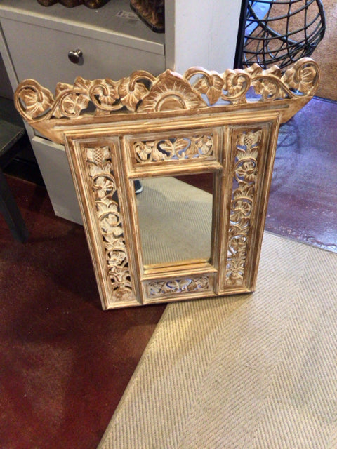 Whitewashed Brown/White Wood Carved Mirror