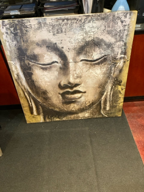 Gray/White Face Buddha Stretch Canvas Art