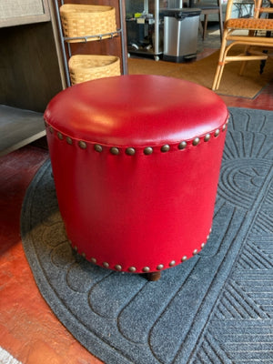 Nail Head Trim Red Vinyl Round FootStool/Ottoman