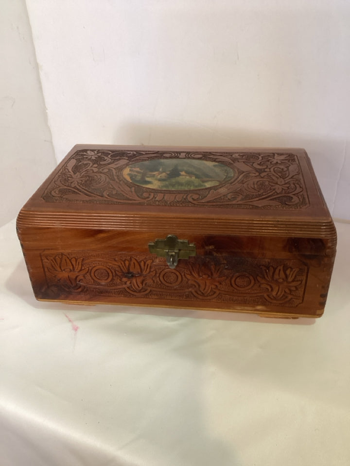 Vintage Brown Wood Carved Lidded Box