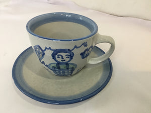 M.A. Hadley 2 Piece Gray/Blue Stoneware Cup/Saucer