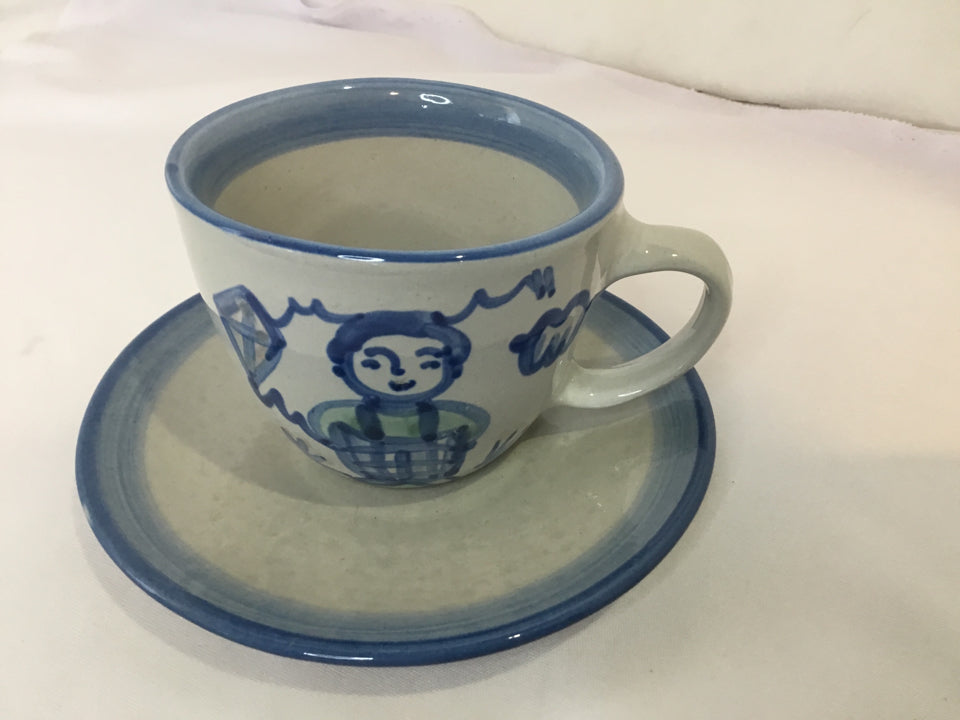 M.A. Hadley 2 Piece Gray/Blue Stoneware Cup/Saucer