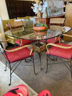 Indoor/outdoor Wrought Iron Glass Top Red/Black Table & Chairs