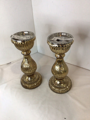 Gold Glass Ribbed Pair Candle Holder