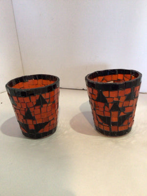 Pair Orange/Black Mosaic Candle Holders