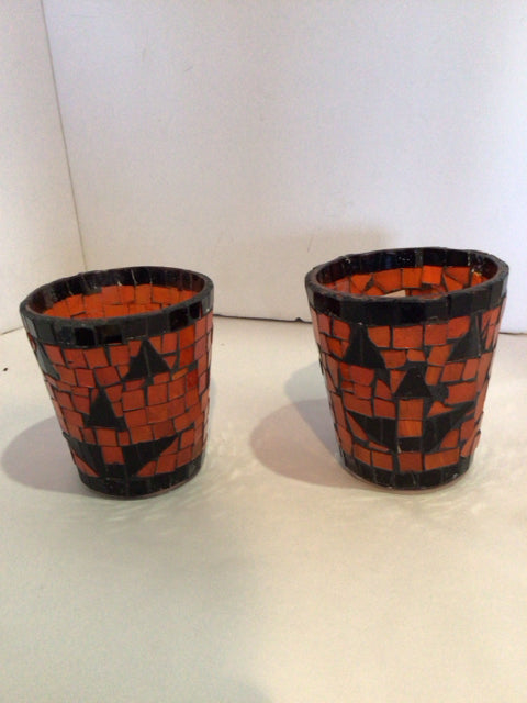 Pair Orange/Black Mosaic Candle Holders
