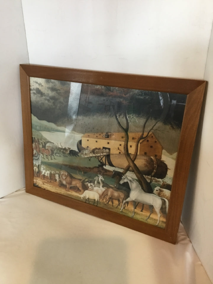 Folk Art Blue/Brown Noah's Ark Framed Art