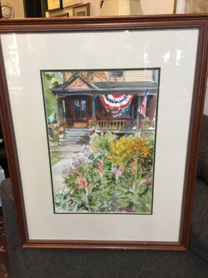 Signed Multi-Color Porch Scene Flowers Framed Art