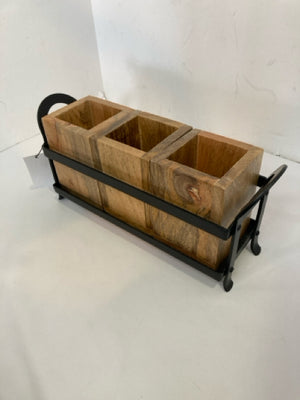 Rustic Brown/black Metal/Wood 3 Boxes Silverware Caddy