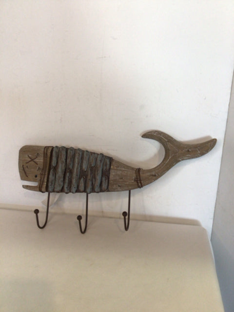 Wood/Metal Whale Brown/Aqua Wall Hook