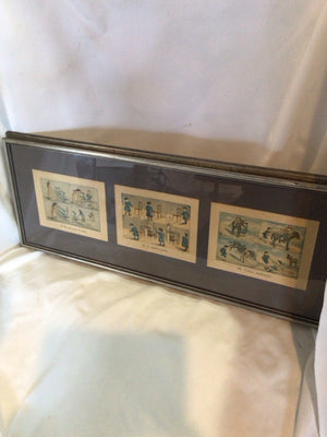 Vintage French Gray/Multi Cartoon People Framed Art