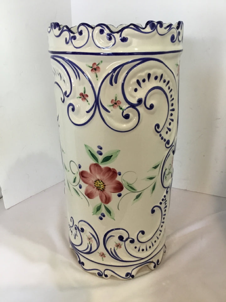 Italian White/Blue Ceramic Floral Umbrella Stand
