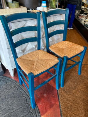 Pair Wood Rush seat Teal Chair Set