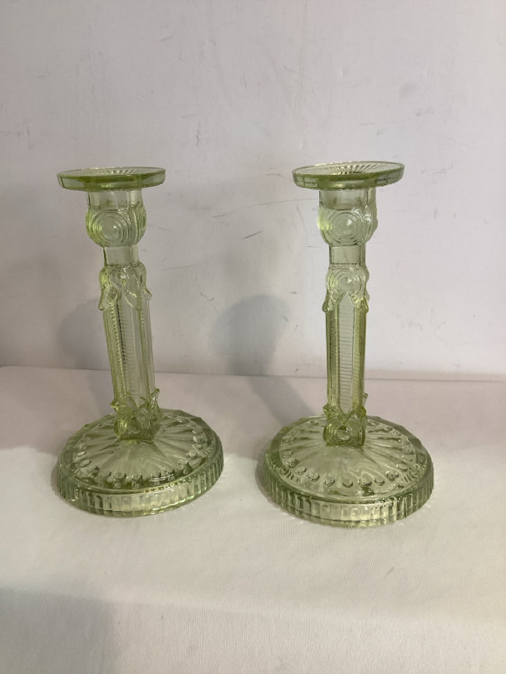 Vintage Yellow Vaseline Glass Pair Candle Sticks