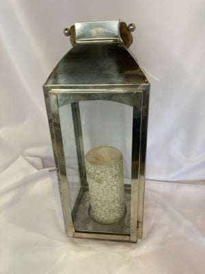 Lantern Silver Metal/Wood w/Candle Candle Holder