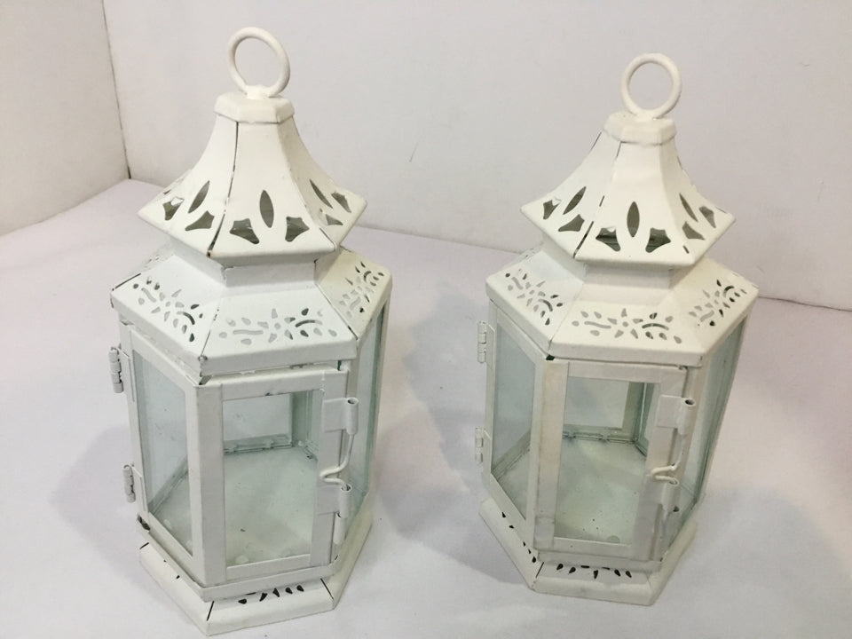 Pair White Metal Candle Holder Lantern