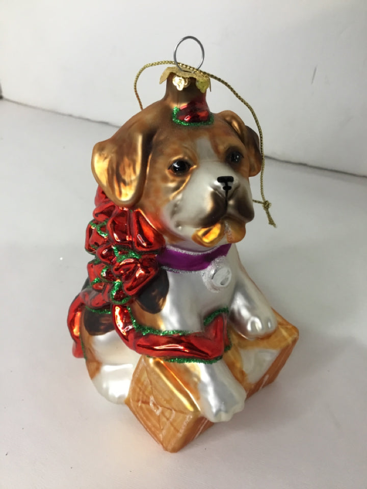 Ornament Brown/White Glass Dog Holiday Item