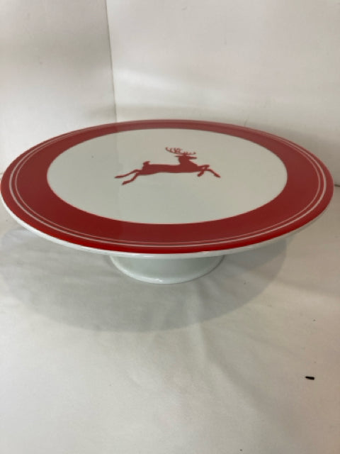 Cake Plate Red/white Reindeer Holiday Item