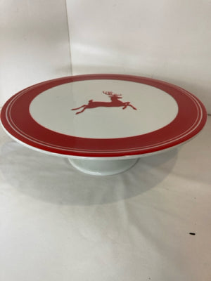 Cake Plate Red/white Reindeer Holiday Item