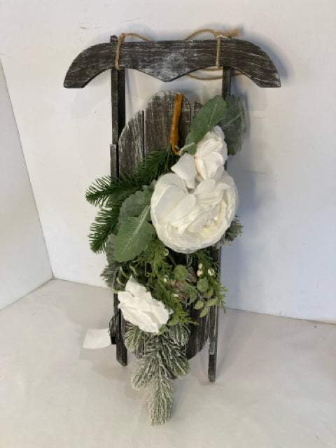 Wall Decoration Gray/White Wood Sled Flowers Holiday Item