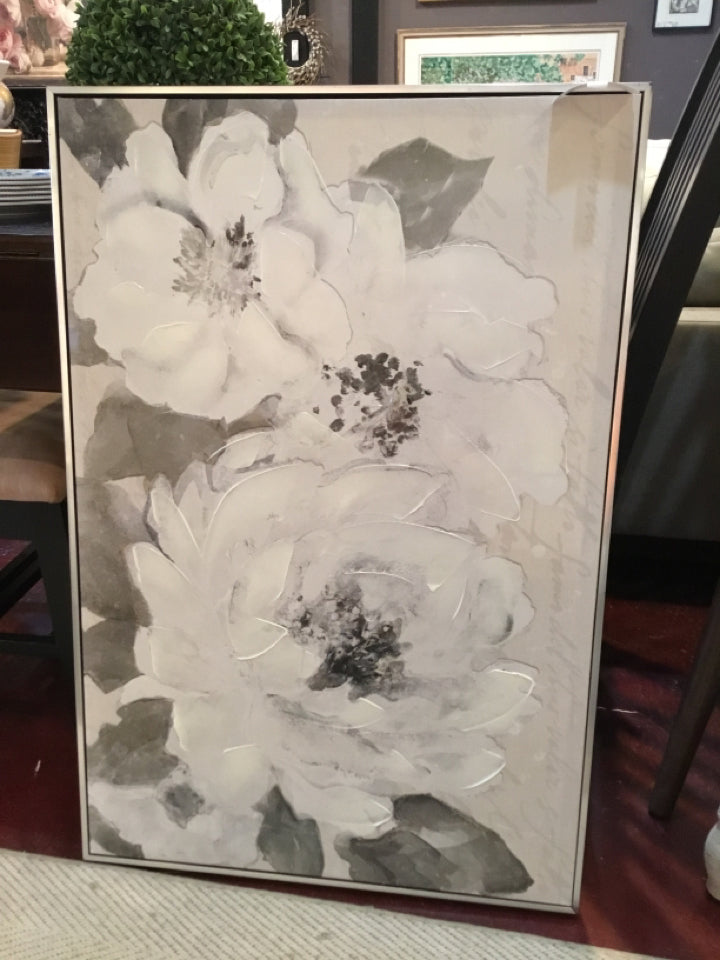 Gray/White Canvas Flowers Framed Art