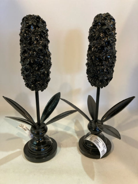Pair Black Ceramic Flower Candle Holders