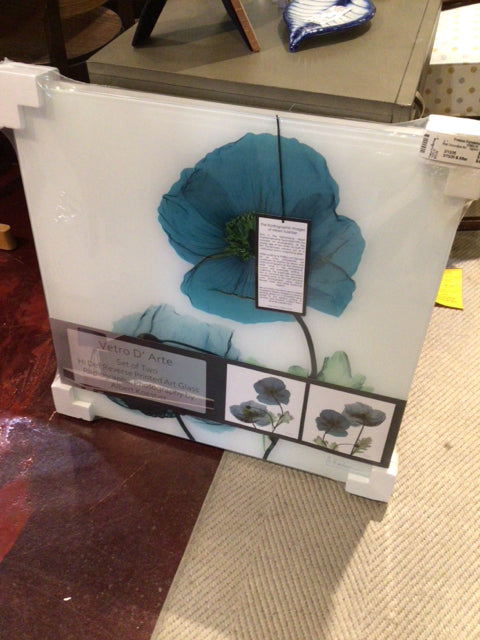Signed Pair Glass Poppies Blue/Green Wall Decoration Art