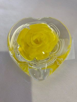 Heart Yellow Glass Flower Paperweight