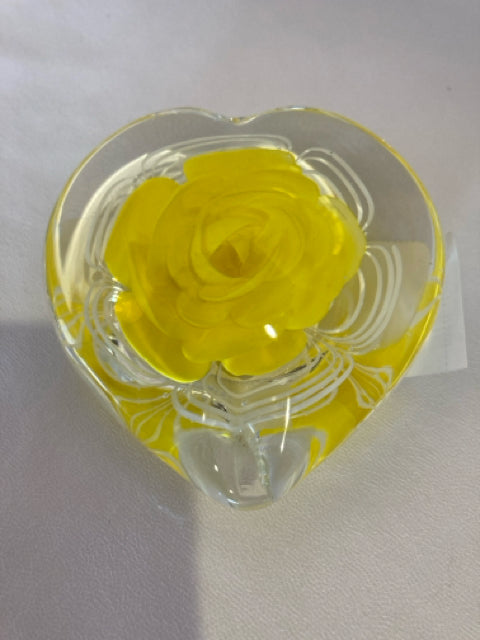 Heart Yellow Glass Flower Paperweight