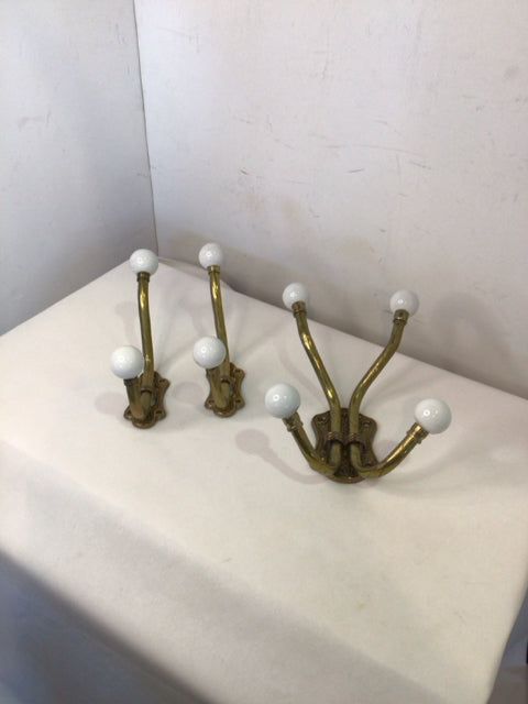 Vintage Wall Hooks Gold/White Metal Set of 3 Coat Hooks