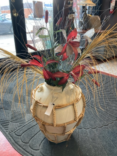 Oversized Cream Bamboo Pottery W/ Flowers Vase