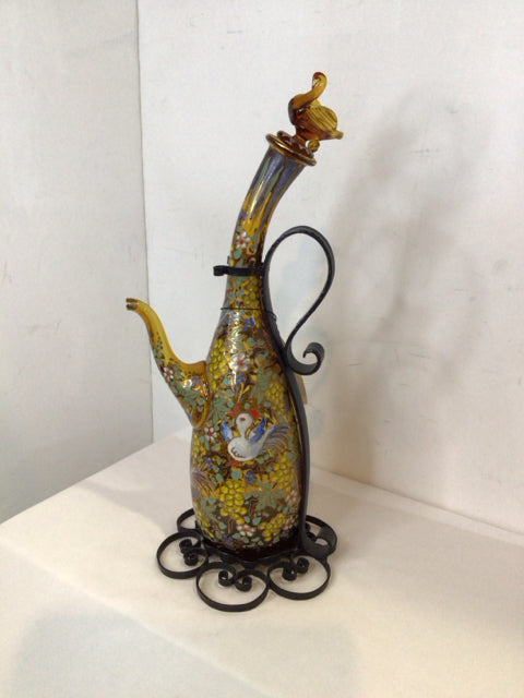 Hand Painted Gold Glass W/Stand Bottle
