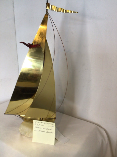 Signed Gold Brass Sailboat Sculpture