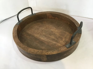 Round Brown Wood/Metal Handled Tray